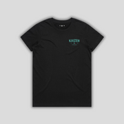 Black t-shirt with 'KAIZEN' logo, flat lay on neutral background